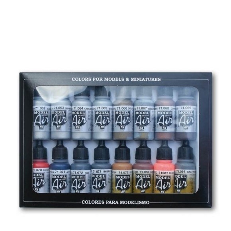 Vallejo 71181 Model Air Metallic Effects 16 Colour Acrylic Airbrush Paint Set