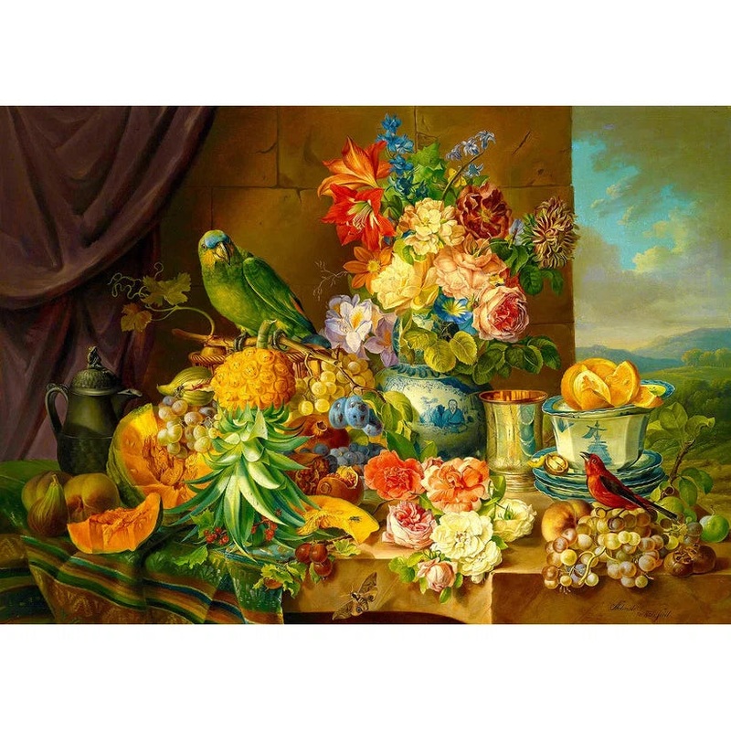 1000pc Josef Schuster: Still Life with Fruit Flowers and a Parrot Jigsaw Puzzle