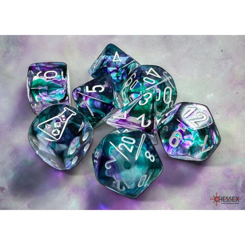 Nebula Fluorite/white Polyhedral 7-Dice Set (with Bonus Die)