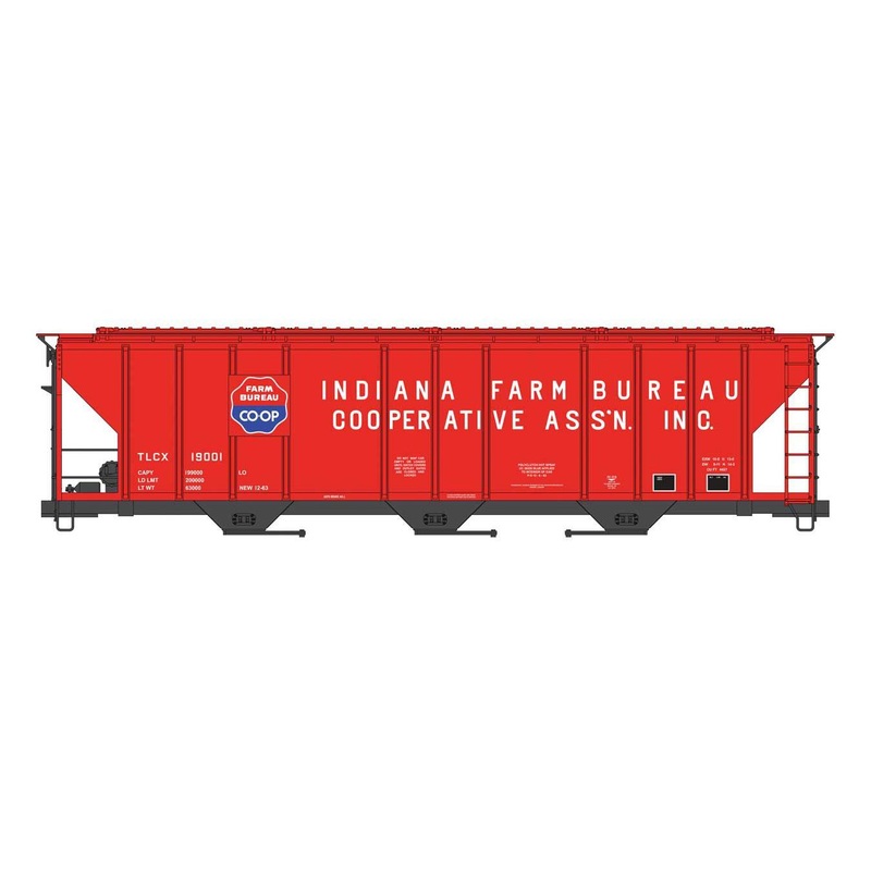 HO 50′ Pullman-Standard PS2CD 4427 3Bay Covered Hopper Ready to Run Indiana Farm Bureau TLCX #19001