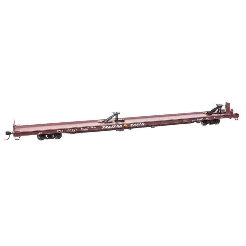 HO 89′ Channel Side Flatcar – Ready to Run- Trailer-Train #150025 (1960s Brown 40′ Trailer Service)