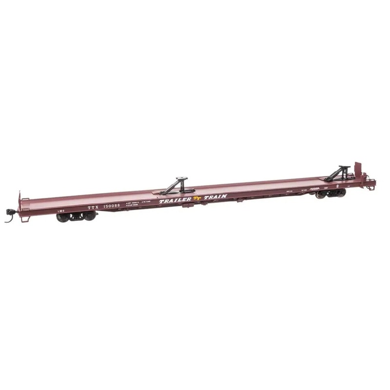 HO 89′ Channel Side Flatcar – Ready to Run- Trailer-Train #150088 (1960s Brown 40′ Trailer Service)