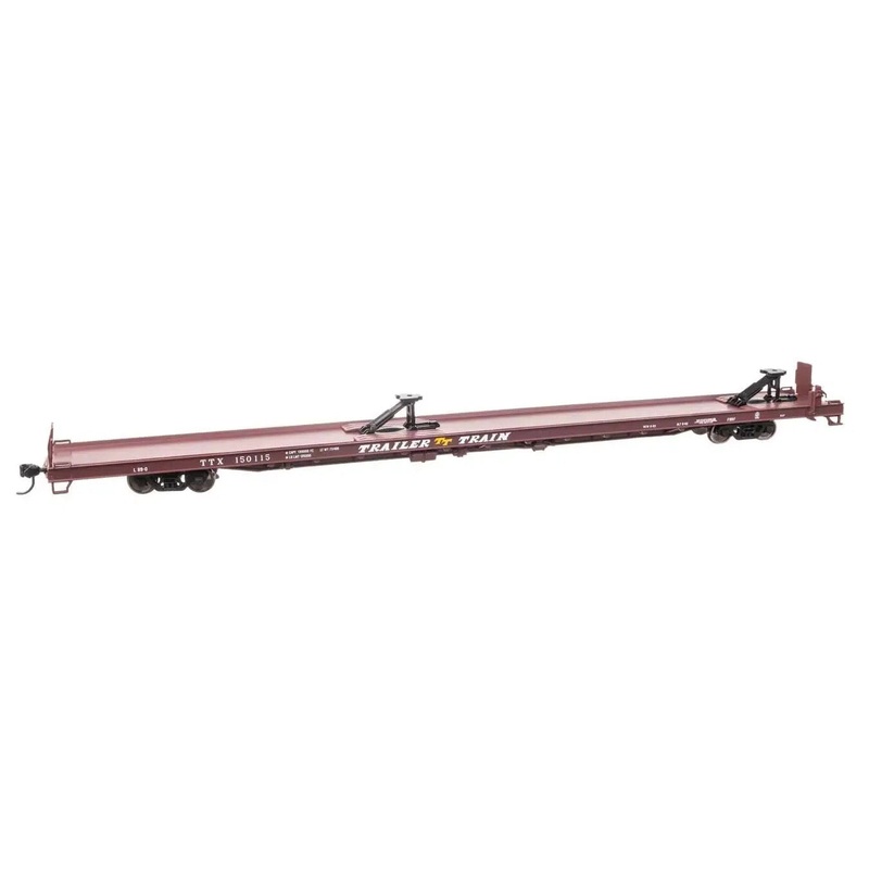 HO 89′ Channel Side Flatcar – Ready to Run- Trailer-Train #150115 (1960s Brown 40′ Trailer Service)