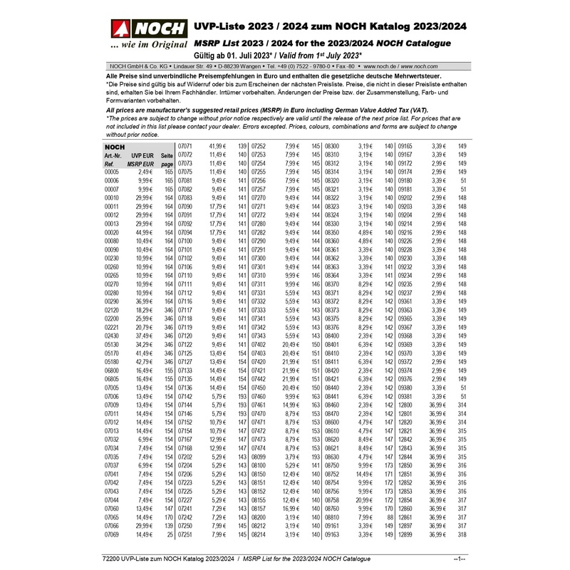 MSRP List for NOCH Catalogue 2023/2024