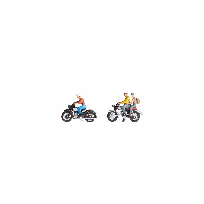 HO Motorcyclists (3 Figures on 2 Motorcycles)