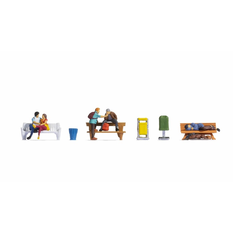 HO People on Benches (5 Figures, 1 Dog, 3 Bins)