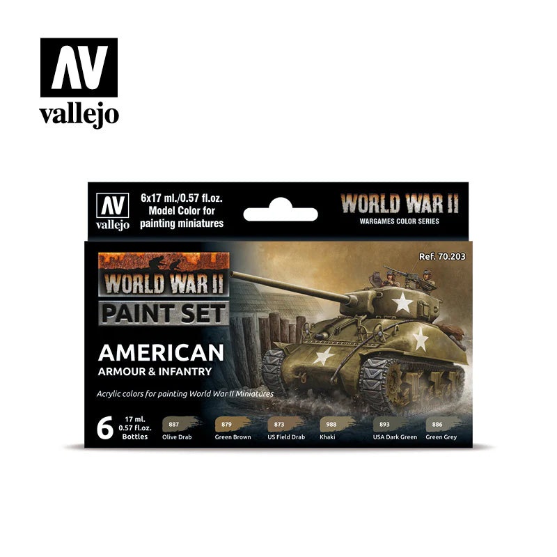 70203 Model Colour WWII American Armour and Infantry Acrylic 6 Colour Paint Set