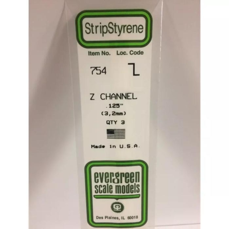 Evergreen 754 White Polystyrene Z Channel .125 x .065 x 14   / 3.2mm x 1.7mm x 36cm